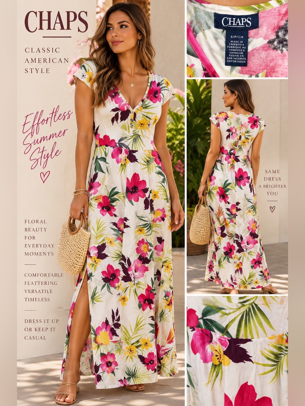 Chaps White Maxi Dress with Pink & Yellow Floral Print size small
